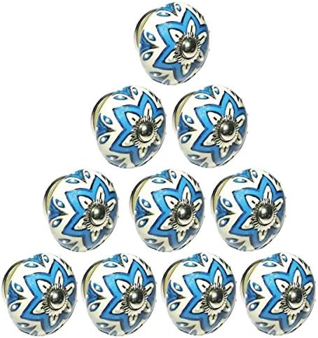 Handmade Knobs Sale - Set of 10 White and Blue Flower Ceramic Knobs Handmade Design Drawer Knob / Cabinet Pulls / Handles - Home Decor Accessories
