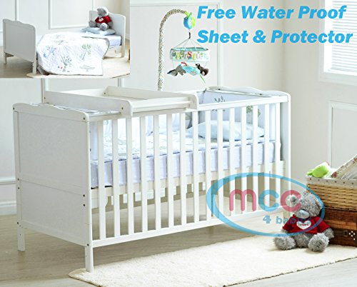 Solid Wooden Baby Cotbed Cot Bed Toddler with Top Changer & Premier Water repellent Mattress Made in England