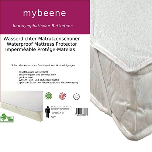 Mybeen Waterproof Mattress Protector in Various Sizes with 4 rubber straps | Terry Towelling Breathable | dryer safe and noiseless protective cover | white., White, 140x200