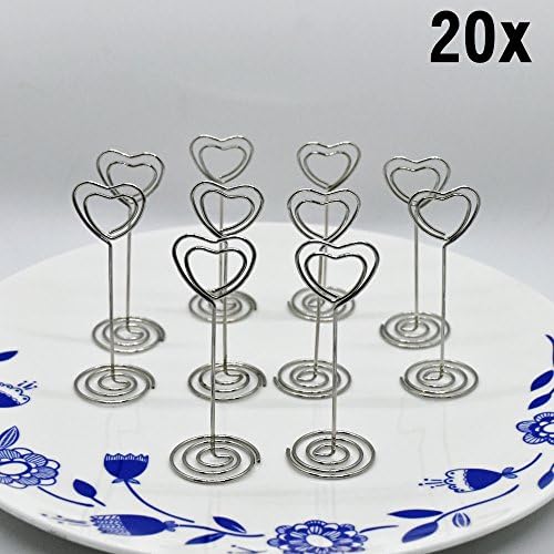 SYOO 20 Metal Heart Photo Clip Memo Name Square Card Holder Place Card Holder Table Number Holder for Wedding Birthday Baby Shower Baptism Kids Party Christmas, Silver