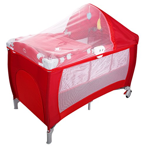 Preisvergleich Produktbild COSTWAY Babybett Reisebett Klappbett Babyreisebett Kinderbett Kinderreisebett Laufstall + Wickelauflage mit Schaukelfunktion (rot)
