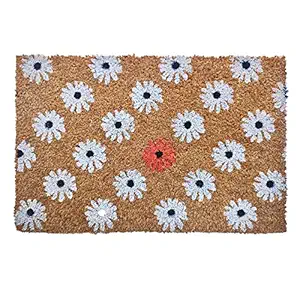 Mats Avenue Heavy Duty Modern White Flowers Door Mat 40x60CM for All Entrance Coir with Tough Rubber Backing Brown Color Set of 1