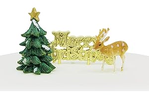 Anniversary House 3pcs Resin Tree, Plastic Reindeer Cake Toppers & Gold Merry Christmas Motto Cake Decorations, Cake Toppers, Xmas Yule Log Decoration, Traditional Non-Edible Decorations, BX286 UK