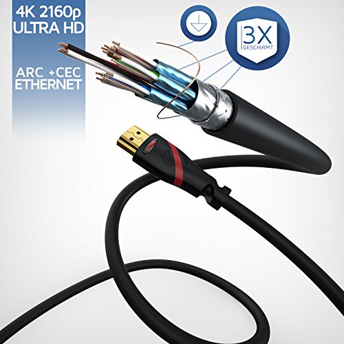 15m – Ultra HD 4k HDMI Kabel | High Speed with Ethernet | Kabel 3 fach geschirmt / inkl. Stecker- und Kontaktschirmung | 4K Ultra HD 2160p bei 30 Hz / Full HD 1080p | 3D / ARC / CEC | AWG24 (Kabeldurchschnitt für Überlängen) | schwarz | 15,0 Meter - 4