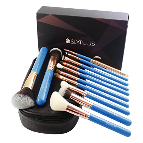 75%SALE!SIXPLUS Make up Brushes, Makeup Brush Set Professional Cosmetics Essential 12 Pieces Shining Handle Makeup Brush Set Synthetic Hair with High-end Makup Bag and Gift box(Black & Blue)(blue)
