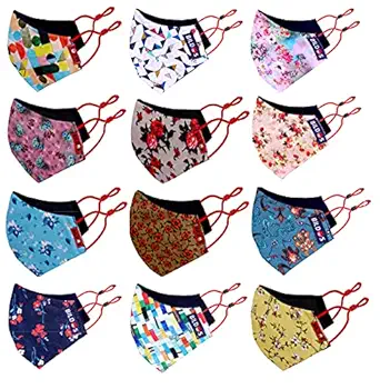 Bildos Cotton Flower & Crystal Printed Cloth Without Valve Super Breathable Reusable Womens & Girls Face Mask with Adjustable Ear Loop (Multicolour) - Pack of 12