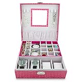 Schmuckkoffer inklusive Schminkspiegel - Rosa 26 x 26 x 9 cm - Schmuck Präsentation und Armbanduhr Organizer - Grinscard