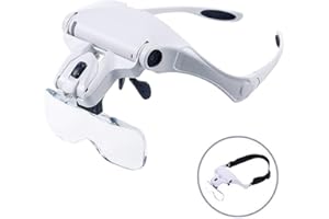 WALLFIRE Lupa z opaską na głowę ze światłem LED, lupa do czytania bez użycia rąk, lupa z 2 diodami LED, 5 zdejmowanych soczewek do czytania, lupy jubilerskiej i naprawy elektroniki (Styl 1)