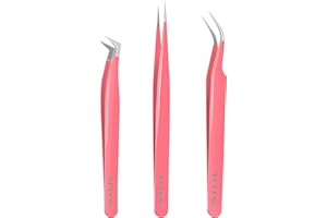 VEYES INC Lash Tweezers for Eyelash Extensions Fiber Tip Pink Tweezers Kit（3pcs Contains Isolation,Curved and Volume Lash