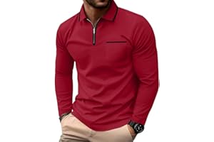 PrinStory Mens Long Sleeve Polo Shirts Quarter Zip Polo Shirts Golf Tennis Tops Casual Cotton Tee Tops With Pockets