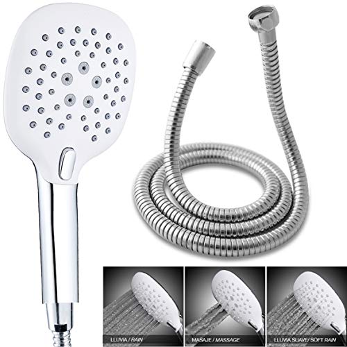 Ekoly A3 Conjunto Ducha de Mano con Tubo Flexible Inoxidable, Cromo/Blanco