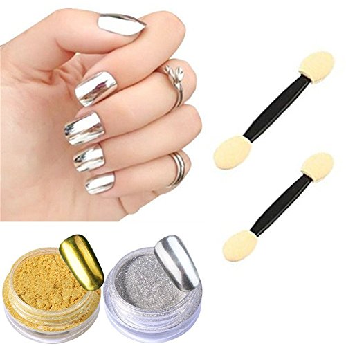 CINEEN 2 Box Mirror Nail Glitter Powder, Gold Silver Pigment Powder Nail Art Chrome, Shinning Nail Mirror Powder, Glitter Dust Powder Tip Decoration Nails Art, Beauty Makeup Cosmetics Tools Kit with 2Pcs Sponge Stick