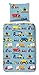 Produktbild Aminata Kids - Kinder-Bettwäsche-Set 135-x-200 cm Auto-s-Motiv BAU-Fahrzeuge Feuerwehr 100-% Baumwolle Renforce Weiss rot hell-blau-e gelb Baustelle Bagger Betonmischer