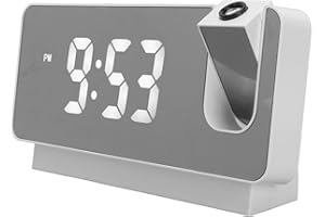 BEWINNER Budzik z projekcją LED do Sypialni, Cyfrowy Zegar z Obracanym o 180° Projektorem, Wyświetlanie Czasu, Daty, Temperatury, Projekcja na ścianie Sufitowej, Port ładowarki USB (Biały)
