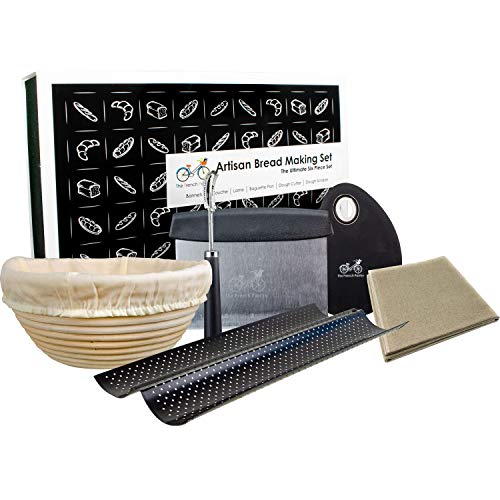 The French Pantry Kit Artigianale per Fare Il Pane - 6 unità - Cestino da lievitazione Banneton | Panno di Lino Francese | Lama per Pane | Teglia per Baguette | Tagliapasta |Spatola per Impasto