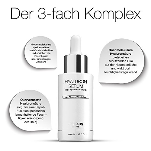 3-Fach Hyaluronsäure Serum extra stark 40 ml – mit 15% botanischer Hyaluronsäure für trockene Haut im Gesicht gegen Falten, Faeltchen, Traenensaecke – Fortgeschrittene Antialterungs-Feuchtigkeitscreme - 3