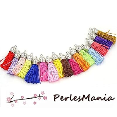 perlesmania.com 10 pompons breloque passementière 40mm FIL DE COTON SOIE Multicolore ARGENT PLATINE