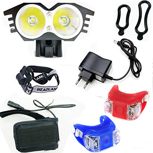 LED Luz Blanco Camping,Linterna LáMPARA para bicicletas bici CREE XM-L U2 - Luz LED frontal para manillar de bicicleta (2 focos, 5000 Lumens, 4 modos) con 2 x Luz Luces Lámpara Trasera para Bici Bicicleta (negro)