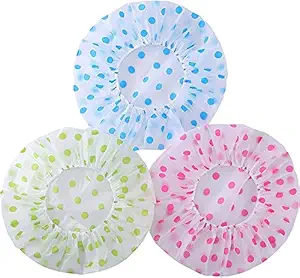 BUYMANIA Girls Shower Cap Ladies Shower Cap Multicolor Waterproof Elastic Band Plastic Reusable Shower Caps for Womens - 3 Pieces