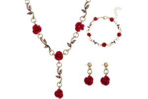 ZAMXHUG Parure Gioielli Set per Donna 3 Set - Rosa Rossa Pendente Elegante Moda Set di Orecchini Braccialetto Pendenti con Collana di Foglie di Vite Floreale per Sposa Damigella