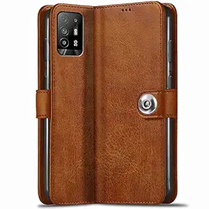 TheGiftKart Oppo F19 Pro Plus 5G Flip Cover Back Case | Genuine Leather Finish | Designer Button | Inbuilt Pockets & Stand | Flip Cover for Oppo F19 Pro Plus 5G (Brown)