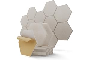 KUCHOOW Paneles Acusticos Autoadhesivos, 12 Piezas, Hexagonal Panel Acustico Decorativos, Acoustic Panels para Pared, Techo, Puerta, Home Estudio, Gaming, Living Room, 30 x 26 x 0,9 cm, Beige