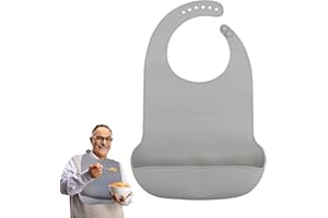 EASYKEENECOM Bavoir Imperméable Pour Adulte Avec Ramasse-miettes En Silicone, Réglable, Réutilisable, Tablier Avec Poche Pour Personnes Âgées, Adultes, Gris, L(43 * 30cm)