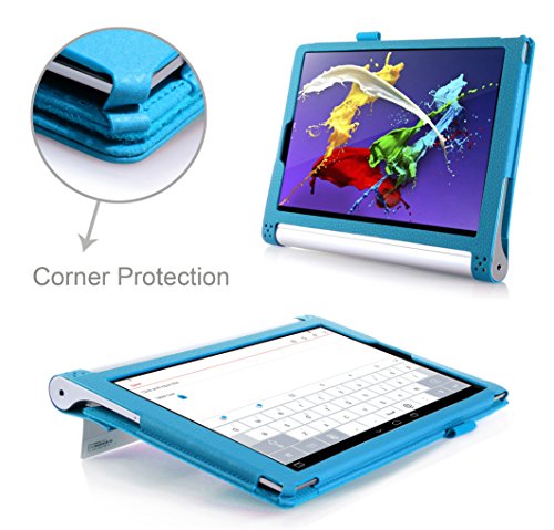 [Ecke Schutz] Lenovo Yoga Tablet 10 Zoll Hülle Tasche, Fyy hochwertige umweltfreundliche KunstlederHülle (Tasche Schutzhülle Case Cover Etui) mit Standfunktion/Aufsteller mit Fach für Kreditkarten elastische Handschlaufe Stift-Haltung (mit automatischer Schlaf/ Weck-Funktion) Blau für Lenovo Yoga Tablet 2 10 Zoll - 6