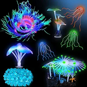 57 Pieces Glowing Fish Tank Decorations Plants with Simulation Glowing Silicone Coral Glowing Jellyfish Lotus Leaf Changeable Green Sea Anemone Luminous Stones for Aquarium Fish Tank Glow Ornament