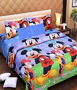 ENGUNIAS Present 220TC Kids Collection 3D Polycotton Bedsheet for Double Bed Size (90 X 90) Bedsheet with 2 Free Maching Pillow Covers- Blue Mickey Mouse Design
