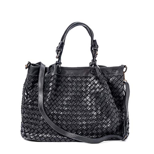 Ira del Valle, Borsa Tote Vintage Donna e Ragazza, Shopper in Vera Pelle Intrecciata, Borsa Morbida Grande a Mano e Spalla con Tracolla, Modello Louisiana, Made in Italy (Nero)