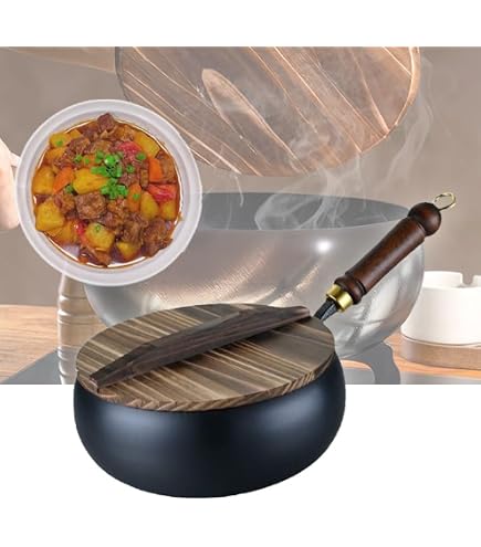 Poêle En Fer Forgé à La Main - Sans Revêtement, Diamètre 28 Cm - Avec Couvercle En Bois - Pour Cuisson à Haute Température