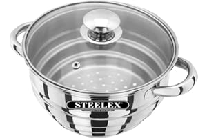 STEELEX Stainless Steel Multi Steamer Insert with Glass Lid for 16/18/20cm Pots Pans Casserole Universal Steamer Insert Basket Mirror Polished