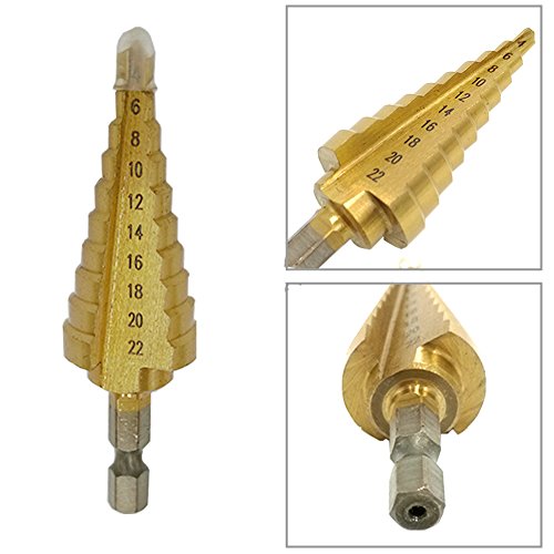 JTENG HSS Hex Shank Pagoda Profi Stufenbohrer Schälbohrer Schälbohrersatz 4-22mm Konusbohrer Kegelbohrer Fräser – Gold - 5