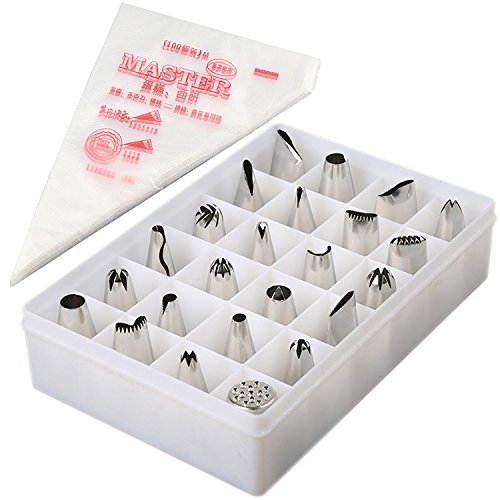 SANVA 24er Edstahl Spritztüllen Set+100er Spritzbeutel Garniertülle Torte Lochtülle für Pralinen, Plätzchen, Keksen, Kuchen und Torten Deko decorating tools aus Edelstahl (24er Spritztüllen + 100er Spritzbeutel) - 6