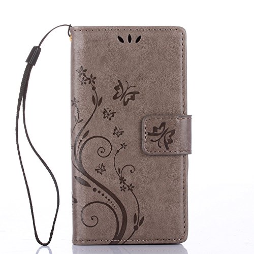 Samsung Galaxy A5 ( 2015 ) Hülle, Samsung Galaxy A5 ( 2015 ) Schutzhülle, Alfort 3 in 1 Lederhülle Fashion Design Premium PU Leder Hohe Qualität Tasche Case Cover Kasten Abdeckung Wallet für Samsung Galaxy A5 ( 2015 ) 5.0″ Smartphone Funktion Standfunktion Unterstützte Telefone und Magnetverschluss mit Schmetterling ( Grau ) + Alfort Schwarz Stylus Pen - 2