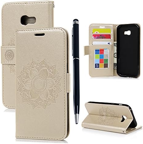 A5 2017 Case - PU Leather Case Wallet Flip Cover - Magnetic Closure - Card Slots - Money Pouch - Kickstand - Flip Wallet Case with Stylus Pen - Embossing Design FOR Samsung Galaxy A5 2017 ,Gold