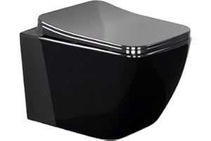 MOMENTS OF GLASS Inodoro suspendido CUBE Easy Clean Rimless/Rimfree (sin borde) incl. asiento de inodoro con mecanismo de cierre suave + extraíble en NEGRO