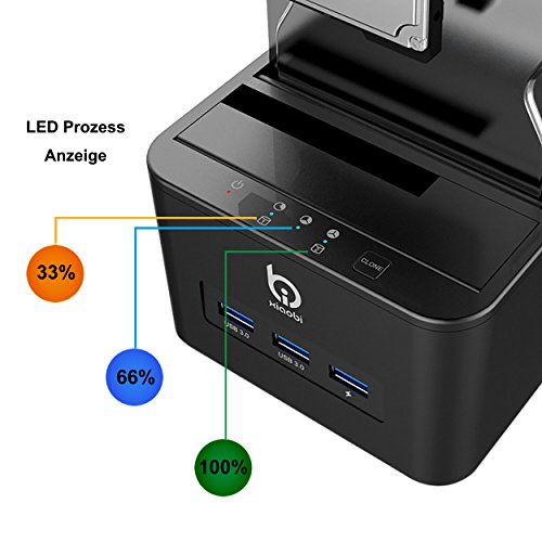 Techkoo Dual Bay Festplatten Dockingstationen, Festplatten Docking Station mit 3Ports USB 3.0 Hub, mit Netzteil Adapter, SATA 2,5/ 3,5Zoll HDD SSD SATA Festplatten - 3