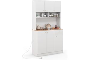 COSTWAY Tall Kitchen Cupboard, 6-Door Buffet Pantry Storage Cabinet with Outlets, USB Ports, Adjustable Shelves & Anti-Tipping Kits, Freestanding Sideboard Organizer Unit for Dining Room Living Room