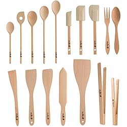 Uulki® Ensemble d'Ustensiles de Cuisine Écologiques en Bois 17 pièces - en Hêtre Non Traité d'europe (cuillères, retourneurs, spatules, Pinces Cuisine BBQ, Couverts à Salade, retourneur de crêpe)