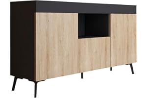 MB Muebles Bonitos, Aparador bajo Kai con 3 Puertas para Salón Comedor Moderno, Mueble de Melamina Mate, Color Negro y Sonoma, 130x70x32,5 cm