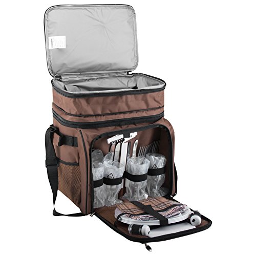 anndora Picknicktasche braun mit blauen Kreisen Tragetasche + Zubehör 29-teilig - 5