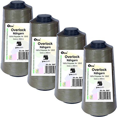 4 Stück Spulen Overlock - Nähgarn, grau, a. 2500 m, Nr. 120/2, 100% Polyester, Nähfaden, Nähmaschinen Garn, 3007-4er