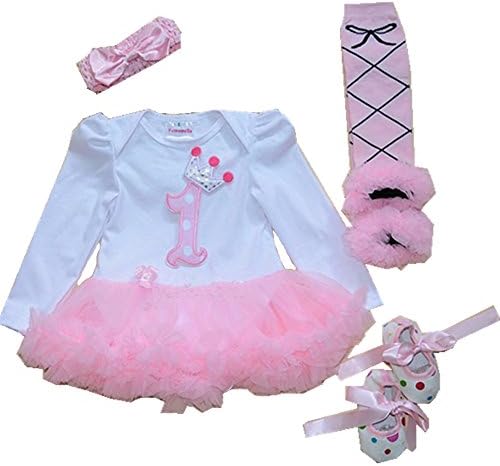 Anik Sunny Newborn Baby Girl Romper Dress Costume Clothes Jumpsuit 4Pcs Long Sleeve Outfit Tutu Skirt Legging Warmer +Shoes+Headband (6-12 Months, 1st birthday crwon)