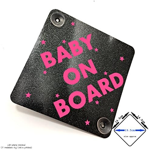 BABY ON BOARD car sign with suction cups (SPARKLING smokey quartz / SUPER BRIGHT fluorescent pink)