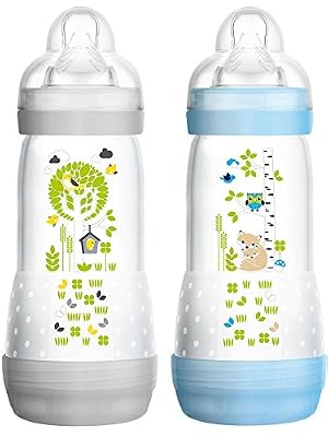 MAM Easy Start 2 Biberons Anti-Colique 320 ml 0 Mois + - Couleur : Bleu et Transparent