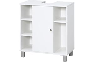kleankin Mueble para Debajo del Lavabo Armario Baño de Suelo de Madera con 5 Compartimentos Abiertos y 1 Puerta Diseño Compacto Moderno 60x30x68 cm Blanco