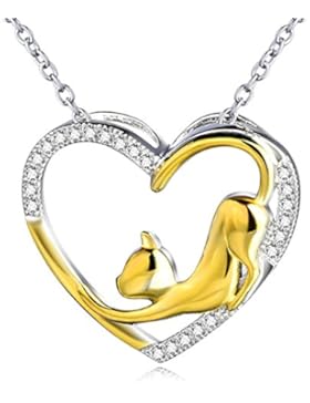 Damen-Halskette mit Anhänger, Sterling-Silber und Zirkonia, goldfarben, Katzen- und Herz-Design, mit Gliederkette