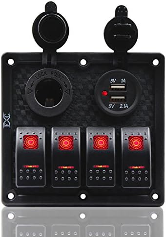 FXC Switch Panel, 4 Gang Waterproof Rocker Switches Panel with DC 5V 4.2A Dual USB/Power Charger Socket (Cigarette Lighter Socket) and 4 LED Lights Switch for Car Marine Boat Trailer - Red